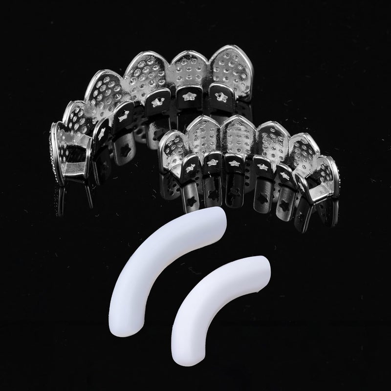 Txdvbls Store جرلز - مجموعة أسنان علوية وسفلية من الذهب والفضة 6/8 أسنان للرجال والنساء، أغطية أسنان مطلية بالذهب عيار 14K لملحقات أزياء عيد الهالوين - Image 3